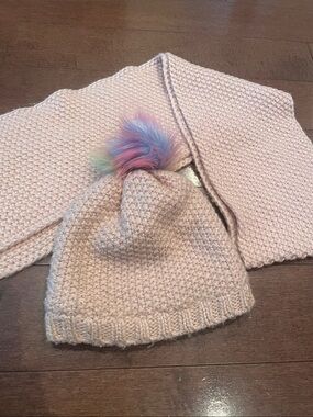 5/$25 Kids Pink Knit Beanie and Scarf Set with Rainbow Pom